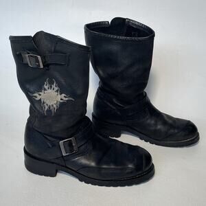 Harley Davidson Black Leather Engineer Moto Boots / Sz 12 / Logo Buckle Biker